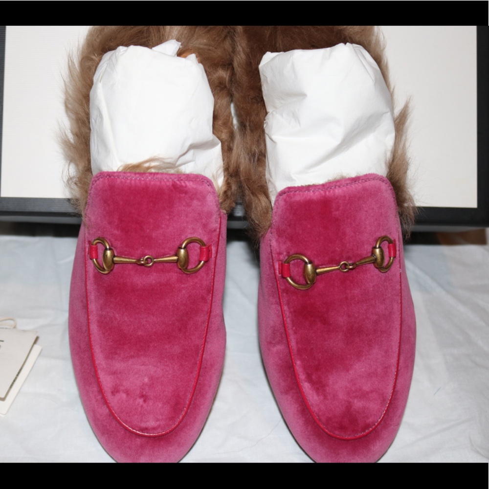 Raspberry Gucci Princetown Mules w/ Fur
